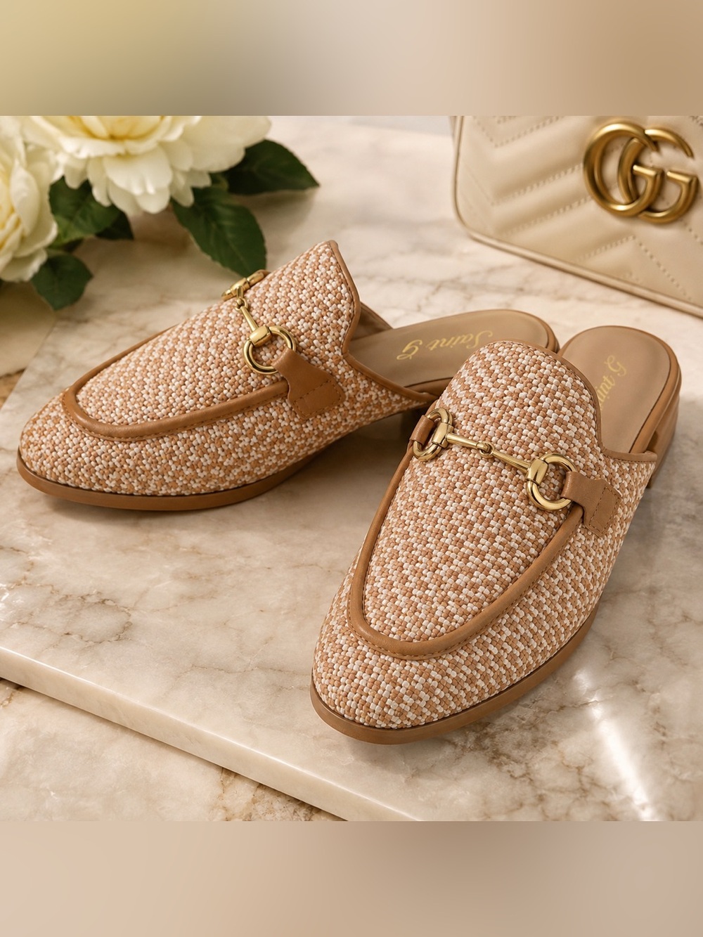 Saint G Women’s Woven Horsebit Mule Loafers Natural EU 36 Gold Hardware New